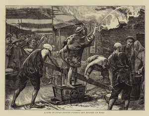 Ein Feuer in Japan, einheimische Feuerwehrleute und Maschinen bei der Arbeit von Edward Frederick Brewtnall